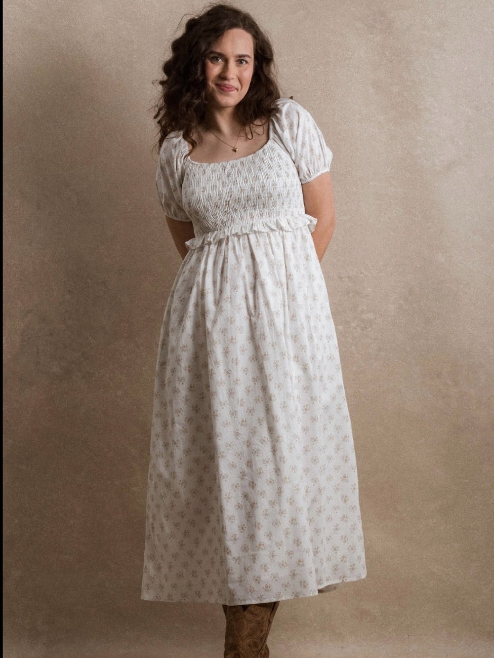 Neuflora St. Kitts - White Floral Maxi Dress with Smocked Bodice